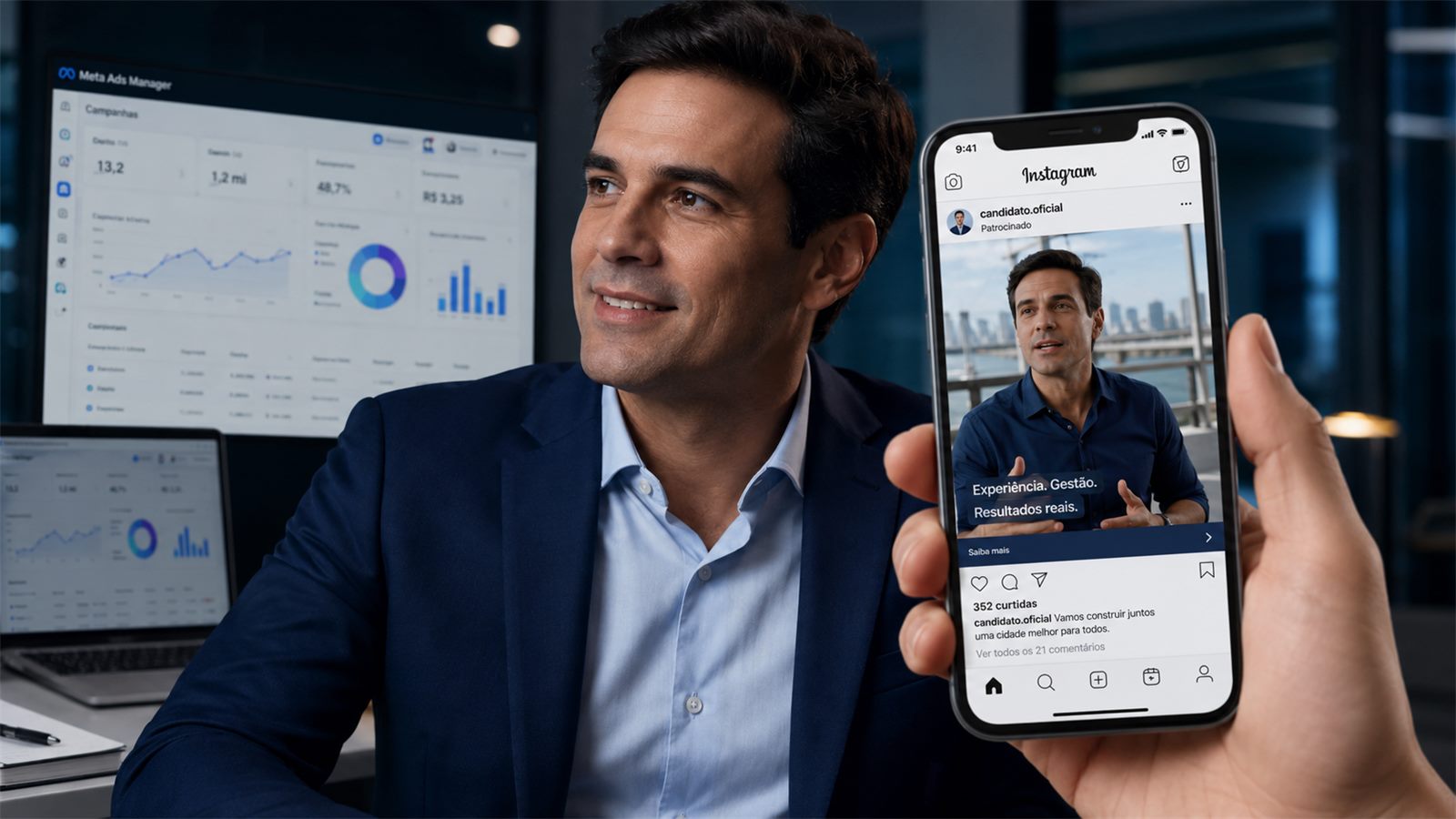 Candidato ao lado do painel do Meta Ads Manager com campanhas em andamento