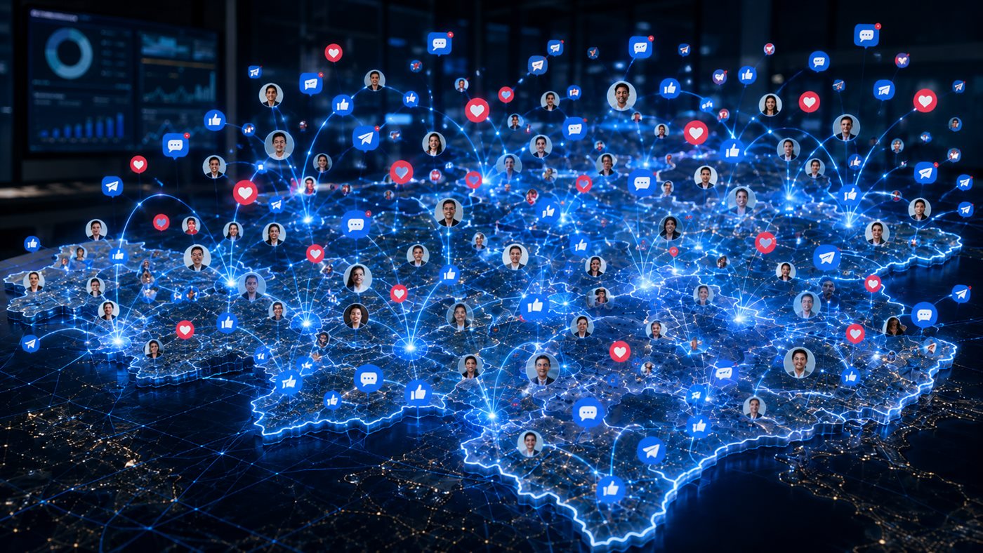 Mapa do Brasil conectado por uma rede de eleitores, curtidas e mensagens