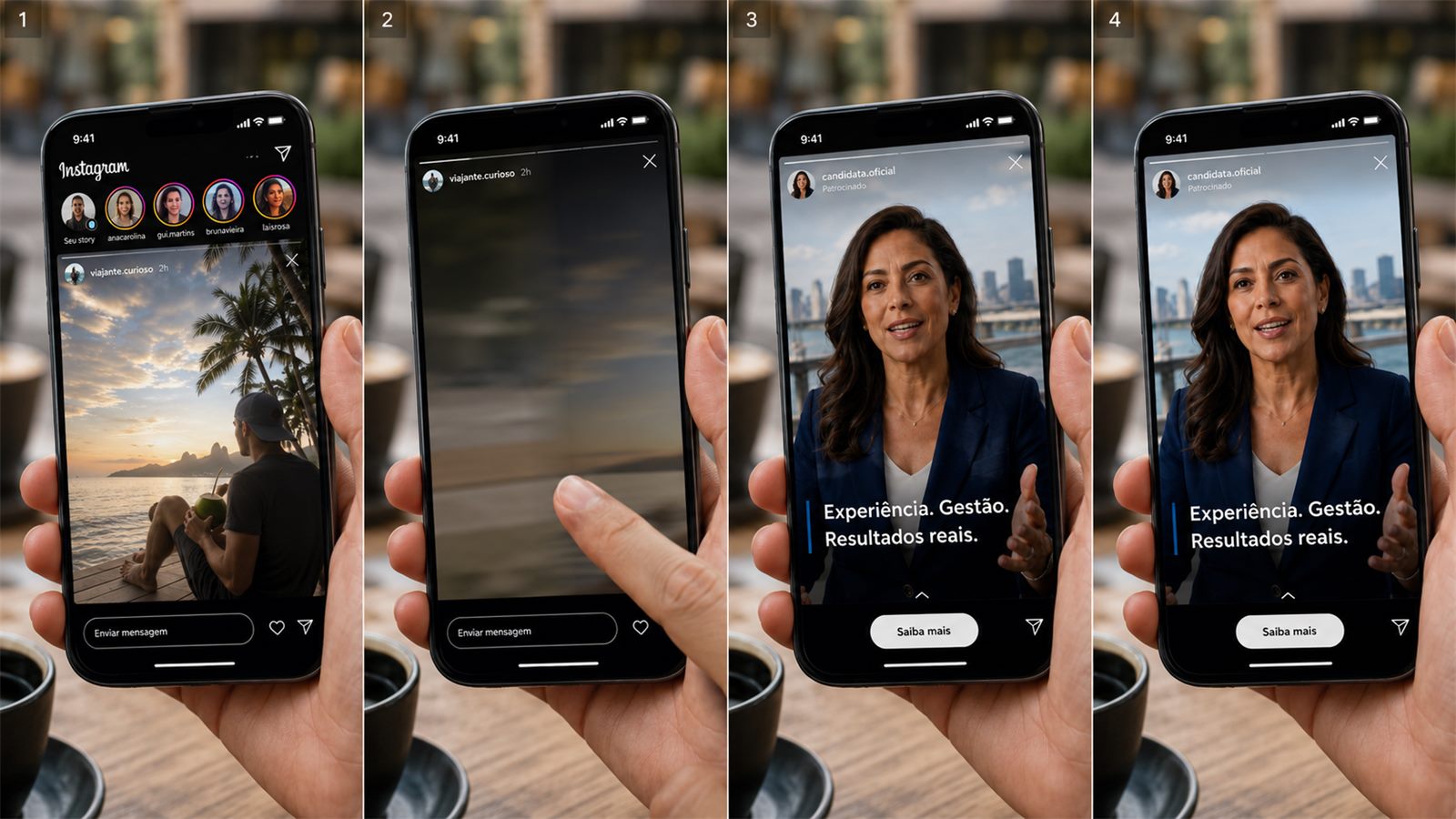 Sequência de stories no Instagram até o anúncio patrocinado de uma candidata